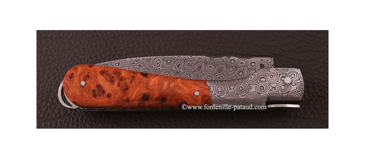 Corsican Sperone knife Damascus Range Stabilized poplar burl