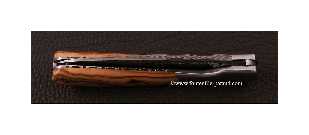 Corsican Pialincu knife Damascus range Olivewood