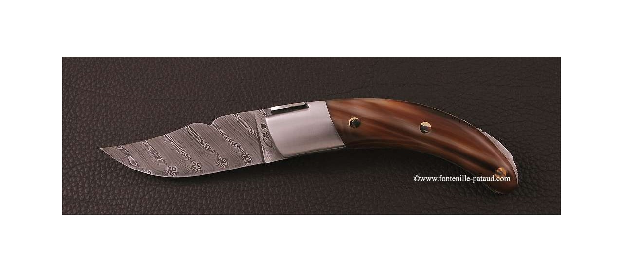 Corsican Rondinara Guilloché knife damascus range real horn tip