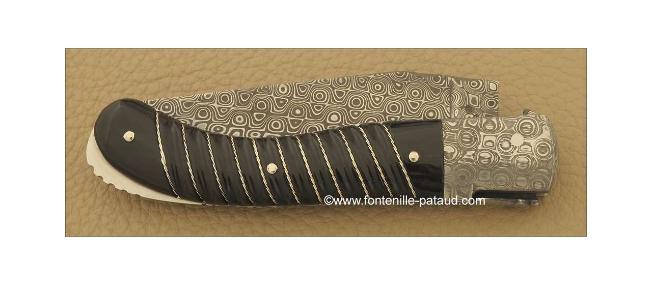 Laguiole Knife Sport Damascus Range Black horn tip Silver thread