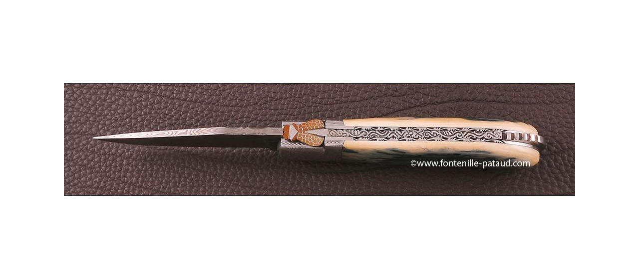 Laguiole Knife Gentleman Damascus Range Blue fossilized Mammoth Ivory Delicate file work