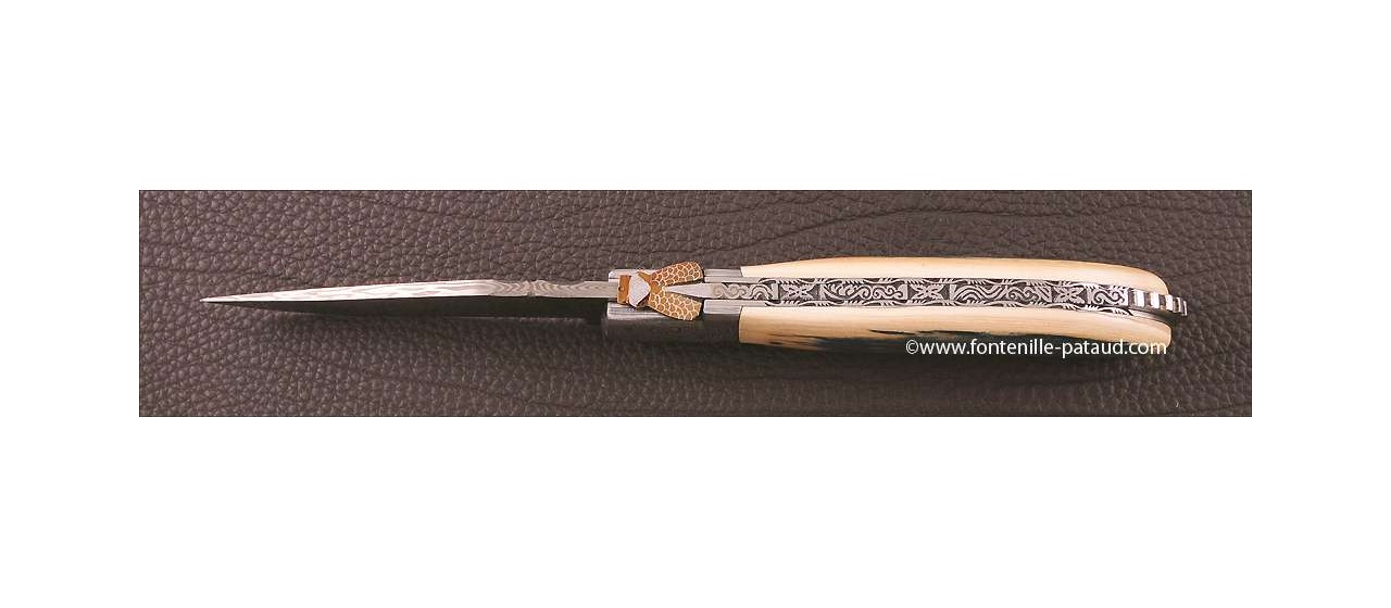 Laguiole Knife Sport Damascus Range Blue mammoth ivory Delicate file work Gold