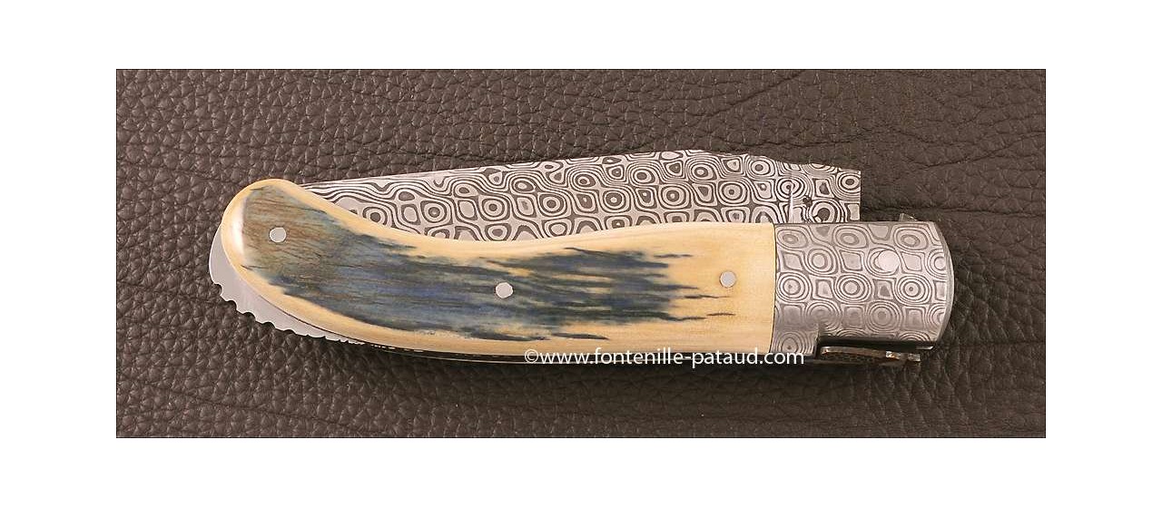 Laguiole Knife Sport Damascus Range Blue mammoth ivory Delicate file work Gold