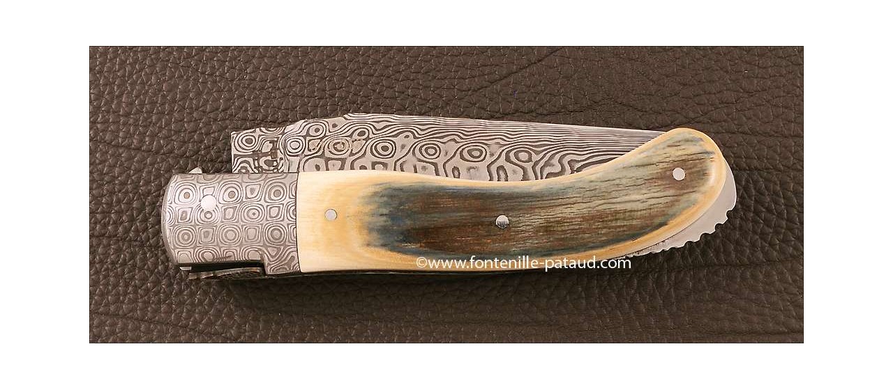 Laguiole Knife Sport Damascus Range Blue mammoth ivory Delicate file work Gold
