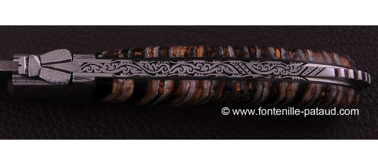 Laguiole Knife Sport Damascus Range Molar Tooth of Mammoth Delicate file work 