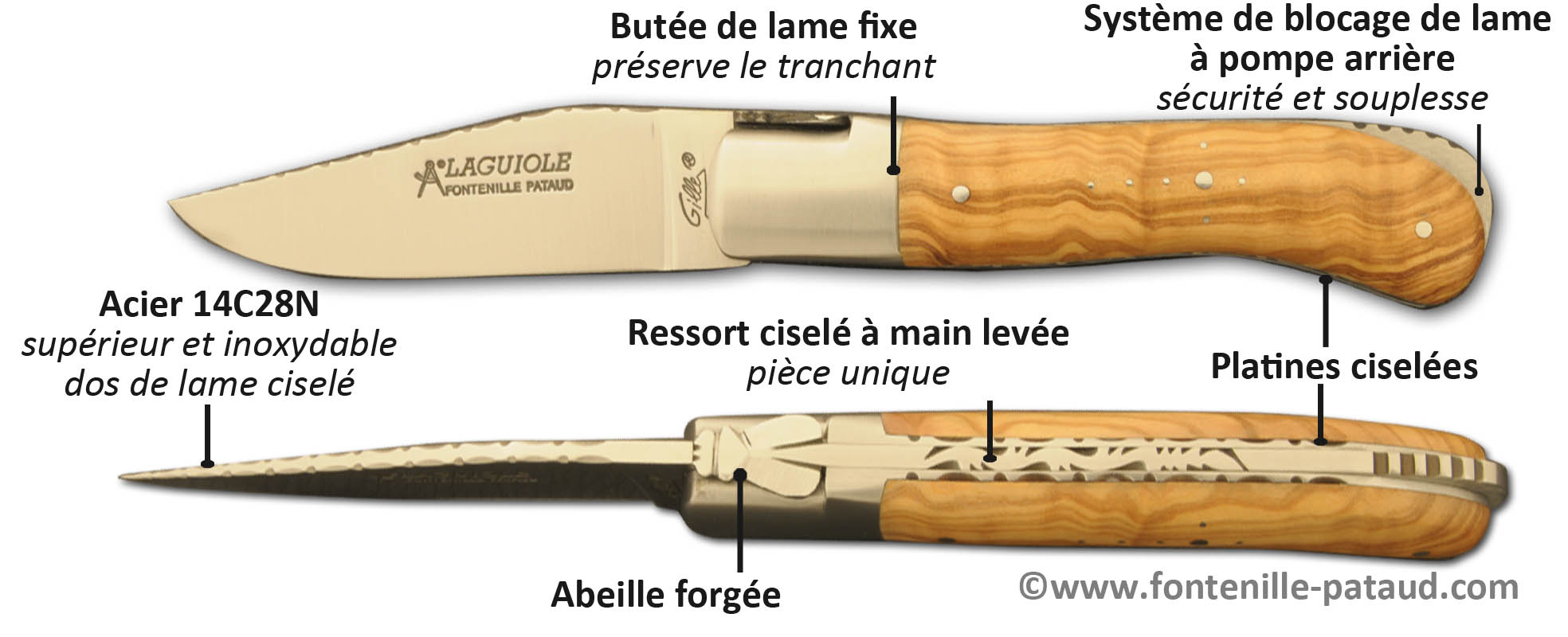 Couteau Laguiole Gentleman avec le dos de la lame, les platines et le ressort ciselés