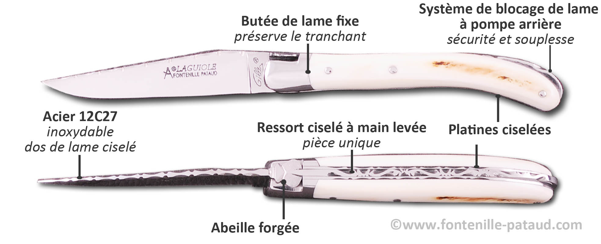 Laguiole le Pocket guilloché, en plus du ressort, les platines et le dos de lame sont ciselés