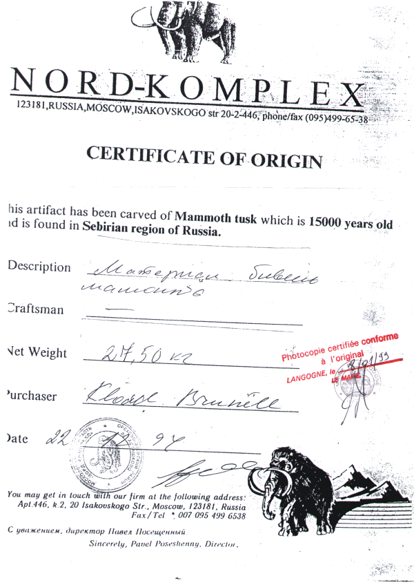 Certificat d'origine d'ivoire de Mamouth